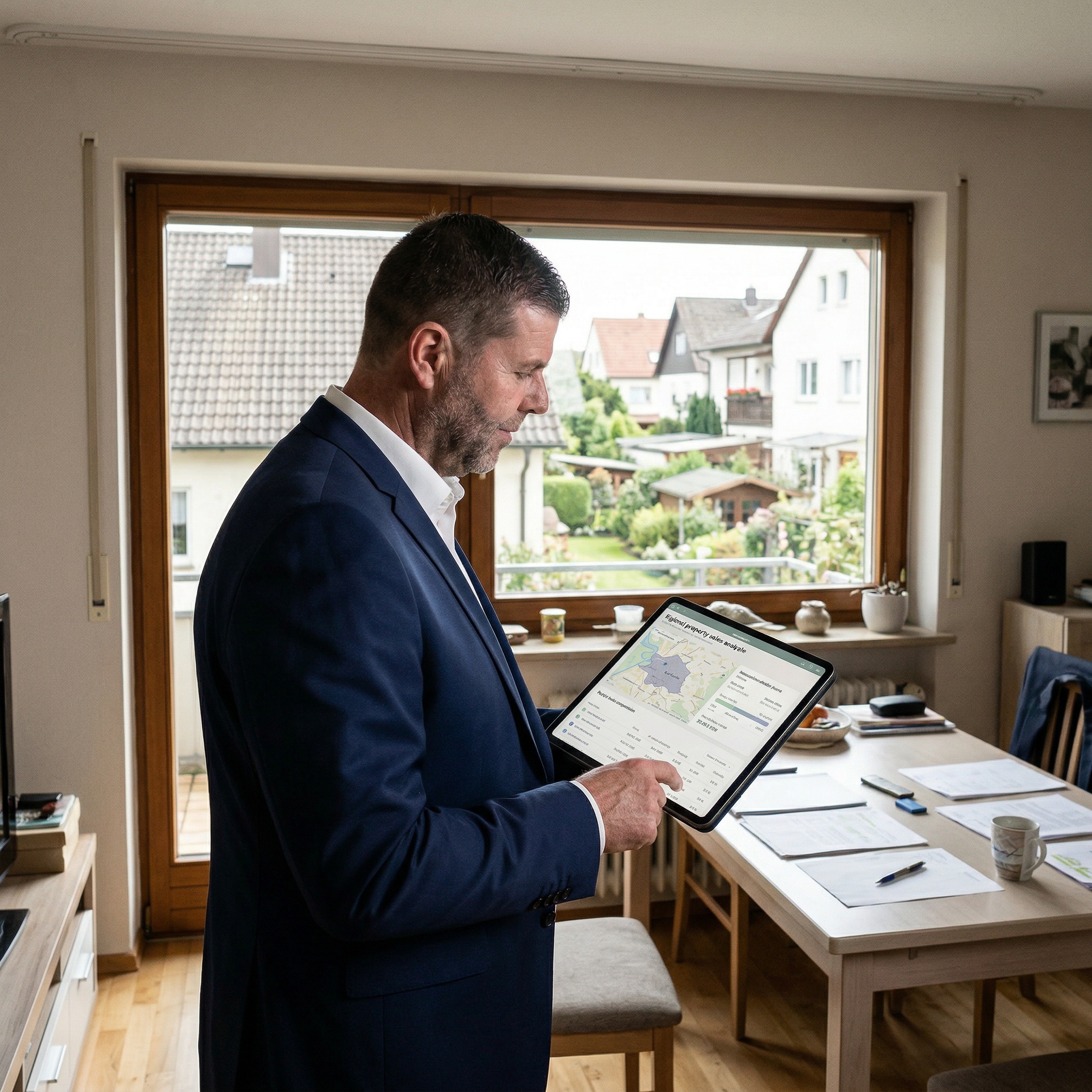 Ein Mann im Anzug steht in einem hellen Raum und bedient ein Tablet, auf dessen Display eine Karte mit Daten zu sehen ist